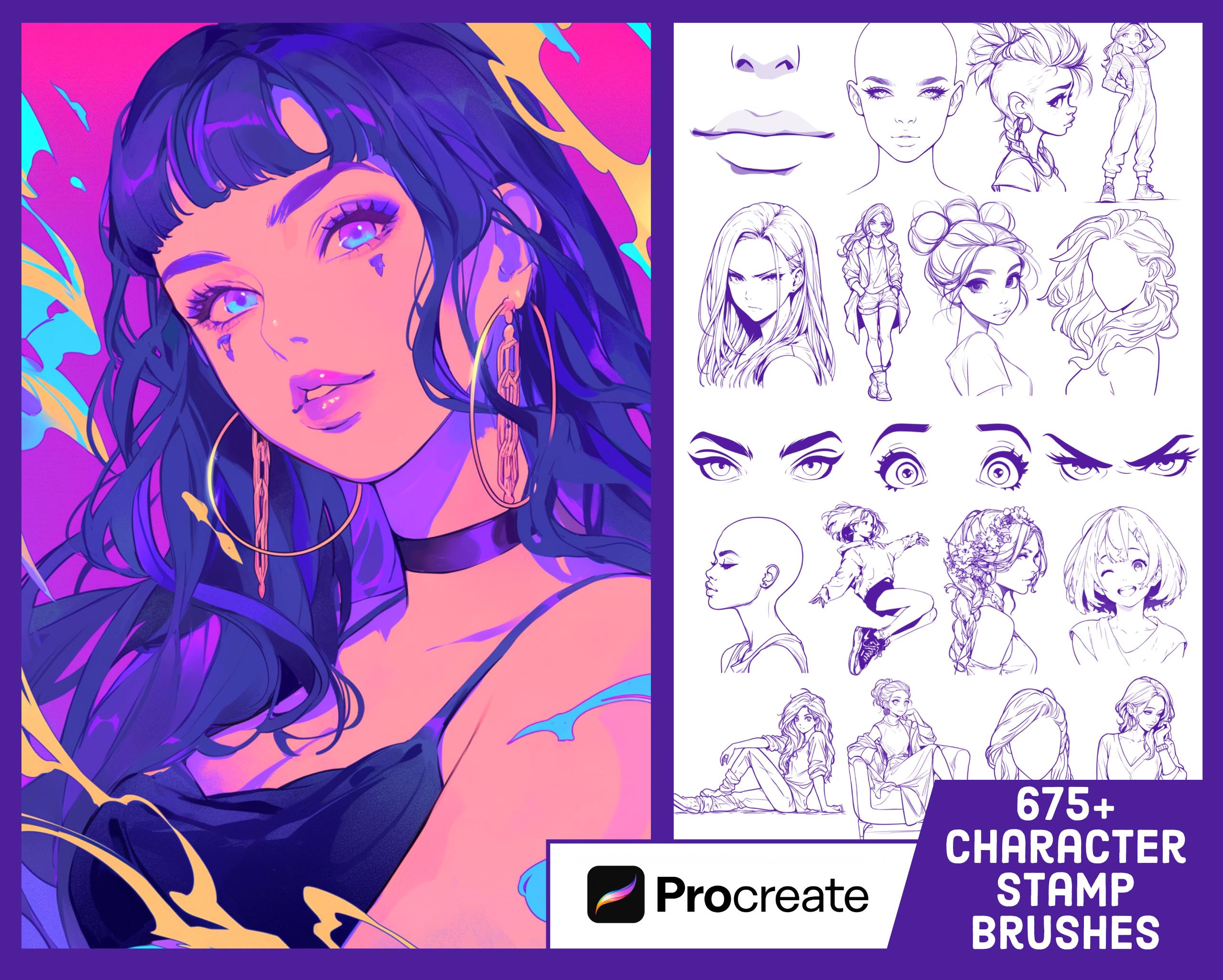 Más de 675 sellos de Procreate para retrato de anime femenino — Poses, expresiones, ojos, cabello y bundle de pinceles de figura de moda