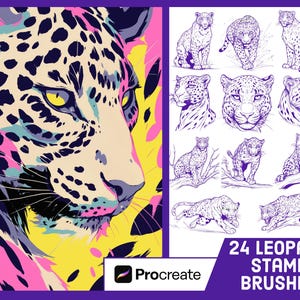 May include: 24 Procreate leopard stamp brushes. The image shows a close-up of a leopard's face with a colorful background and a smaller image of a leopard in a variety of poses.