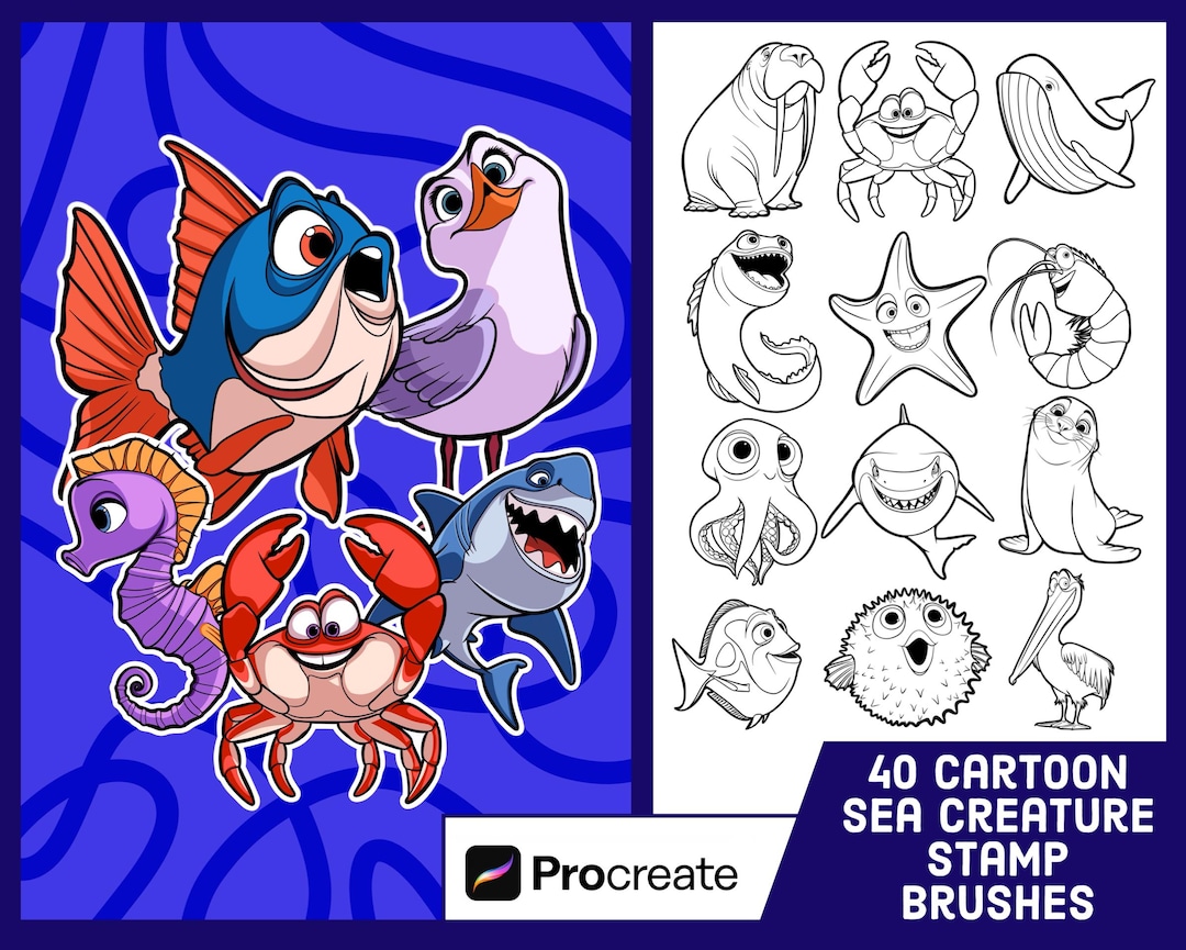 40 Cartoon Sea Creature Stamp Brushes for Procreate - Ocean Fish ...