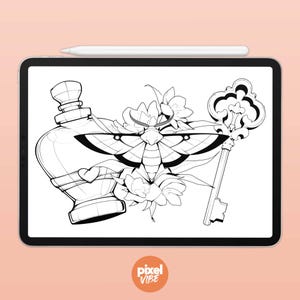 May include: A black and white line drawing of a moth, a bottle, a key, and flowers. The moth is in the center of the image, with its wings spread out. The bottle is on the left side of the image, and the key is on the right side of the image. The flowers are around the moth.