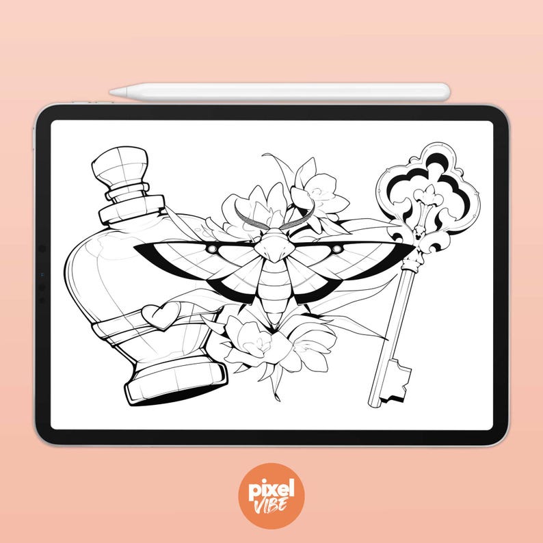 May include: A black and white line drawing of a moth, a bottle, a key, and flowers. The moth is in the center of the image, with its wings spread out. The bottle is on the left side of the image, and the key is on the right side of the image. The flowers are around the moth.