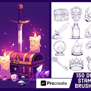 Könnte beinhalten: Ein Set mit 150 D&D-Stempelpinseln für Procreate, mit Illustrationen von einem Schwert, einer Truhe, Kerzen, Kristallen, einem Schlüssel, einer Krone, einer Zaubertrankflasche, einem Zauberstab, einem Schädel, einer Hand, einem Schild und einer Kristallkugel. Die Pinsel sind für die Verwendung in digitaler Kunst und Illustration konzipiert.