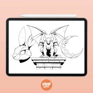 May include: A black and white line drawing of a gargoyle with wings, standing on a stone pedestal. The gargoyle has a human-like body with a dragon-like head and claws. There is a rabbit head and a crescent moon shape in the background.