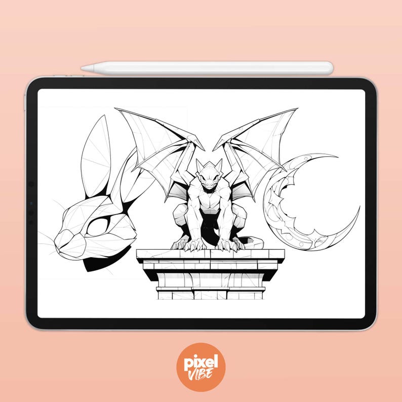 May include: A black and white line drawing of a gargoyle with wings, standing on a stone pedestal. The gargoyle has a human-like body with a dragon-like head and claws. There is a rabbit head and a crescent moon shape in the background.