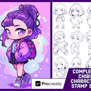 96 Chibi Character Guide Stamp Brushes For Procreate - Anime Illustration Brush Pack