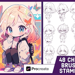 48 Chibi Character Guide Stamp Brushes For Procreate - Anime Illustration Brush Pack