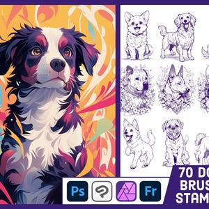 May include: Digital art featuring a colorful dog portrait with a vibrant abstract background. The image also includes a collection of 70 dog brush stamps in black and white, along with software icons.