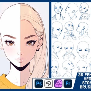 Könnte beinhalten: Digitales Kunstset mit einer geteilten Illustration einer Frau mit blonden Haaren und einem gelben Shirt, sowie mehreren Kopfstempel-Pinseln. Der Text lautet "36 Female Head Stamp Brushes". Enthält Symbole für Photoshop, Procreate und Affinity Photo.
