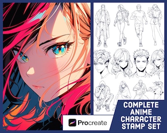 May include: A set of digital stamps for Procreate featuring anime character poses. The stamps include a variety of poses, including standing, sitting, and running. The characters are drawn in a stylized anime style with bold lines and expressive features. The stamps are perfect for creating your own anime art.