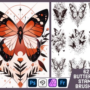 May include: Digital art featuring a large butterfly with orange, black, and white wings, surrounded by floral and geometric elements. The image includes a collection of 62 butterfly stamp brushes, with various butterfly designs in black and white.