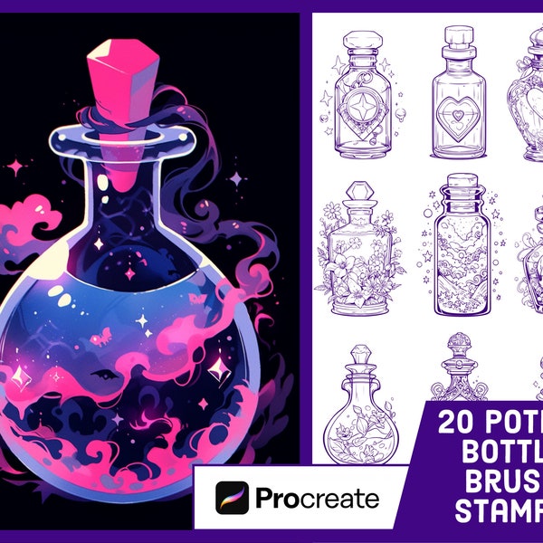 20 Potion Bottle Stamp Brushes For Procreate - Tattoo Illustration Brush Pack