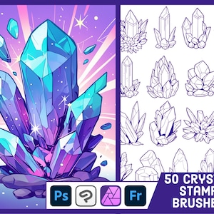 May include: Digital art featuring a large, stylized crystal in shades of blue, purple, and teal, with a sparkling effect. The image is set against a purple and pink background. The right side shows crystal stamp brushes. The text reads "50 CRYSTAL STAMP BRUSHES".