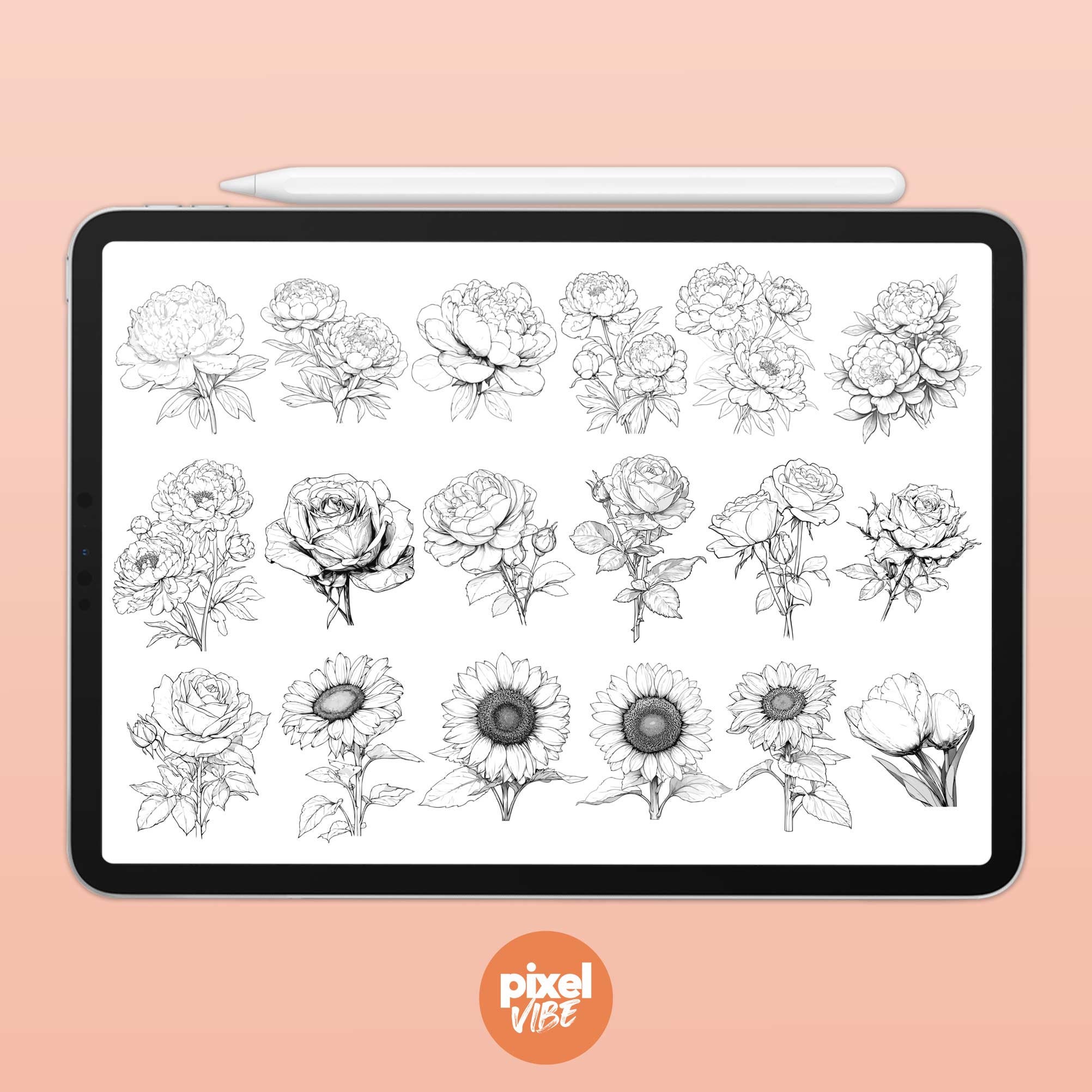90 Floral Stamp Brushes for Procreate Flower Illustration Art Set - Etsy
