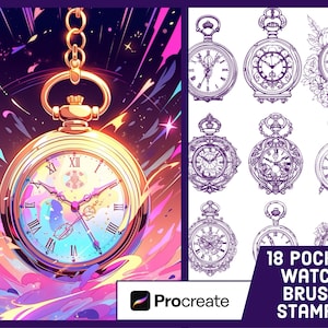 May include: A set of 18 pocket watch brush stamps for Procreate. The stamps feature various styles of pocket watches with intricate details. The image also shows a large pocket watch with a colorful face.