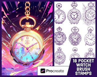 Pocket Watch Stamp Brush Set – Vintage Tattoo Flash Art for Procreate (PDF Pattern)