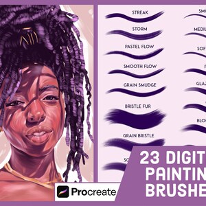 May include: 23 digital painting brushes for the Procreate app. The brushes are shown as purple strokes on a light purple background. The text "23 DIGITAL PAINTING BRUSHES" is in white on a dark purple rectangle.