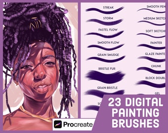 Puede incluir: 23 pinceles digitales de pintura para la aplicación Procreate. Los pinceles se muestran como trazos morados sobre un fondo morado claro. El texto "23 DIGITAL PAINTING BRUSHES" está en blanco sobre un rectángulo morado oscuro.