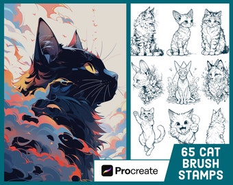 65 Cat Stamp Brushes For Procreate - Kitten Stamp Set - Illustration Drawing Pack