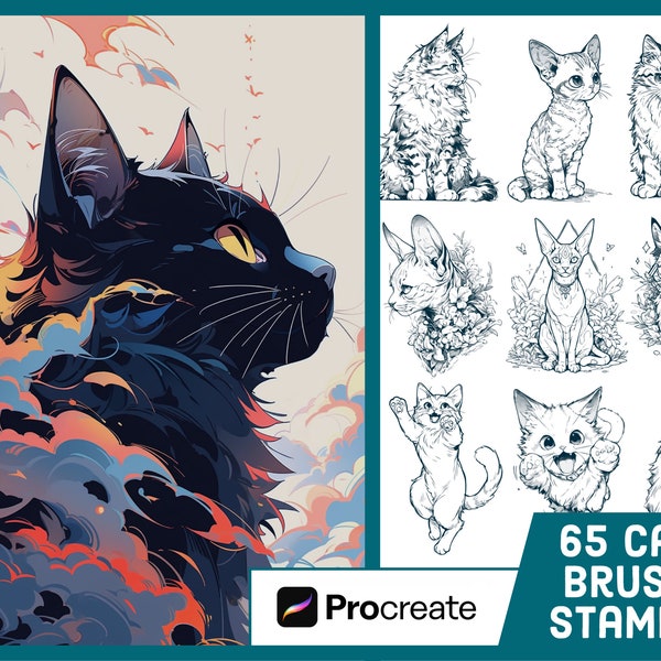 65 Cat Stamp Brushes For Procreate - Kitten Stamp Set - Illustration Drawing Pack