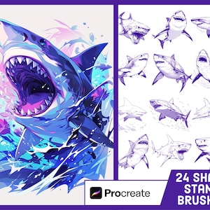 24 Shark Stamp Brushes For Procreate - Great White Shark Illustration Brush Pack
