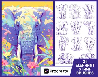 24 Elephant Stamp Brushes For Procreate - Animal Illustration Brush Pack