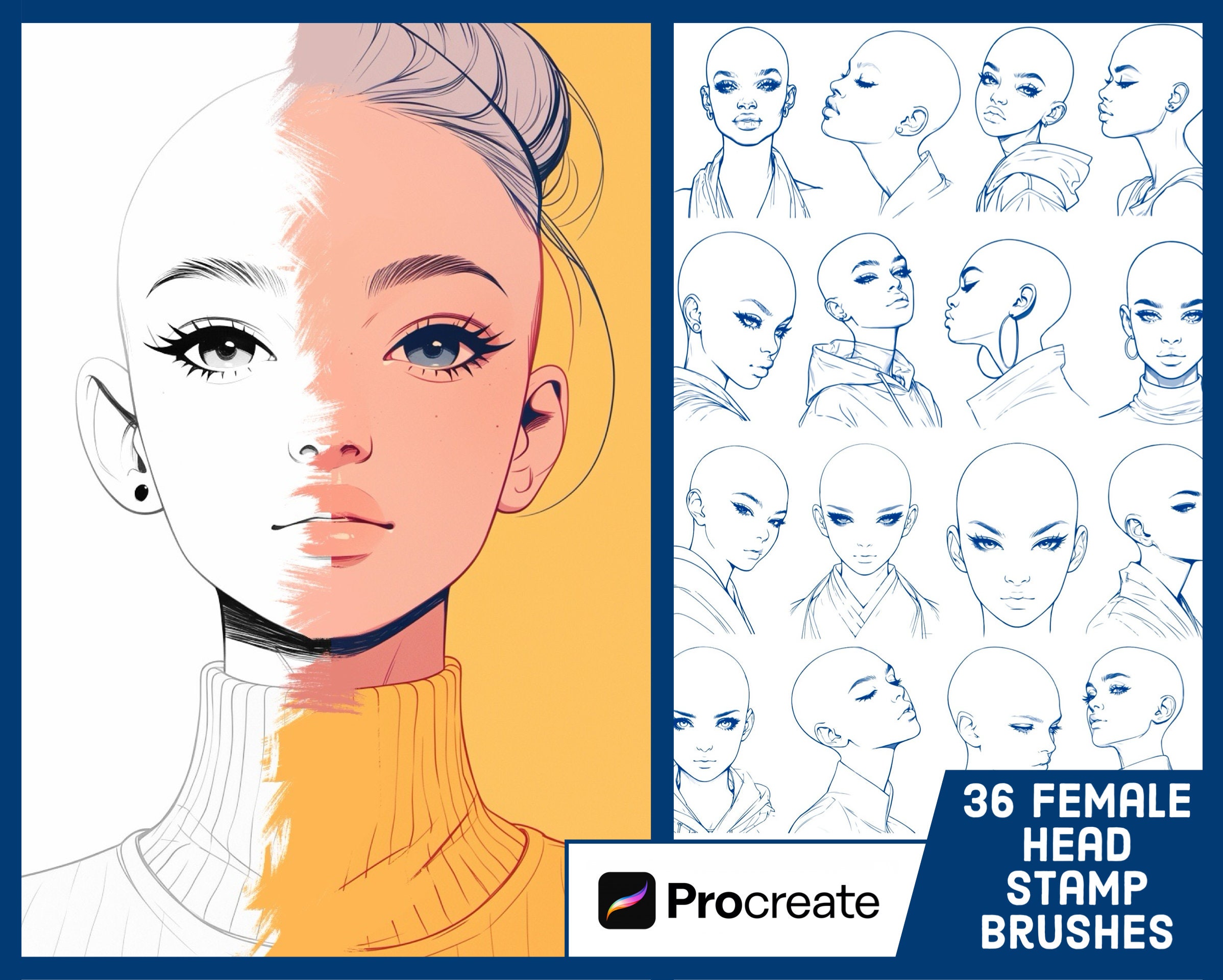 36 Weibliche Basis Kopf Stempel für Procreate - Head Guide Illustration Brush Pack