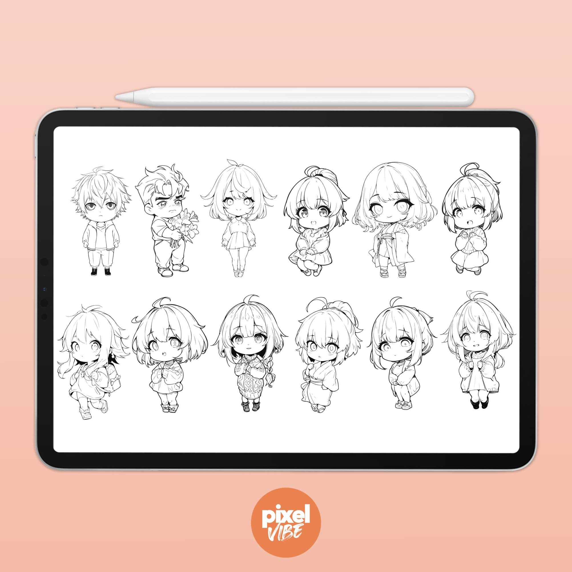 96 Chibi Character Guide Stamp Brushes for Procreate Anime Illustration ...