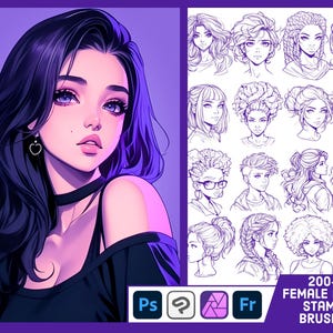 May include: Digital artwork of a woman with dark hair, wearing a black top and choker, set against a purple backdrop. Sketches of female head stamp brushes are shown on the right. The image includes the text "200+ FEMALE HEAD STAMP BRUSHES".