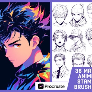 36 Male Anime Stamp Brushes For Procreate - Manga Men Stamp Set - Illustration Brush Pack