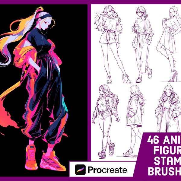 46 Female Anime Figure Stamp Brushes For Procreate - Fashion Manga Girl Stamp Set - Illustration Brush Pack