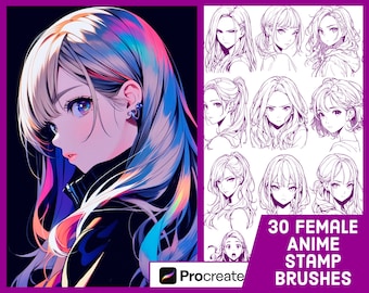 May include: A set of 30 digital stamp brushes featuring female anime characters with different hairstyles and expressions. The brushes are designed for use with the Procreate app.