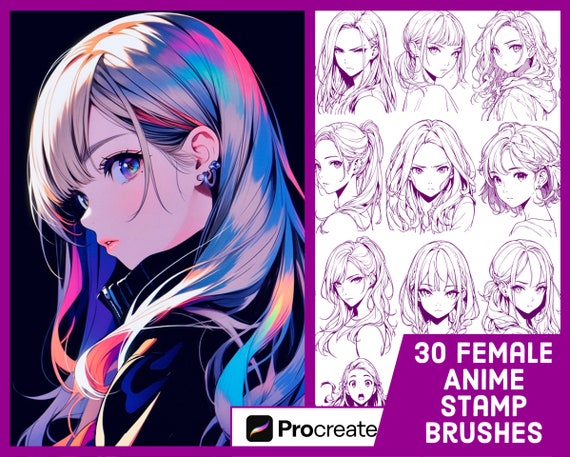 Soft Anime Style Procreate Hair Stamp Set Hair Lineart Brush Pack