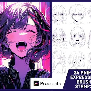 34 Anime Facial Expression Stamp Brushes For Procreate - Manga Stamp Set - Illustration Brush Pack