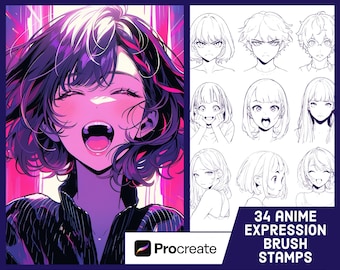 34 pinceaux de timbre d’expression faciale Anime pour procréer - Ensemble de timbres Manga - Pack de pinceaux d’illustration