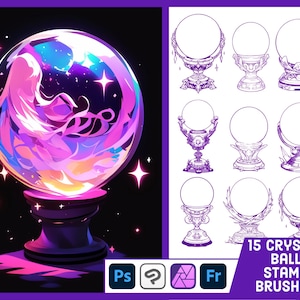 May include: A digital illustration of a crystal ball with a swirling, colorful nebula design. The crystal ball sits on a pedestal, with a dark background and star accents. The image also shows 15 crystal ball stamp brushes.