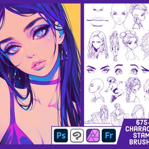 May include: Digital art illustration of a woman with long blue hair, wearing a purple top and choker. The image includes a collection of character stamp brushes with the text "675+ CHARACTER STAMP BRUSHES" and the logos for Ps, ?, Fr.