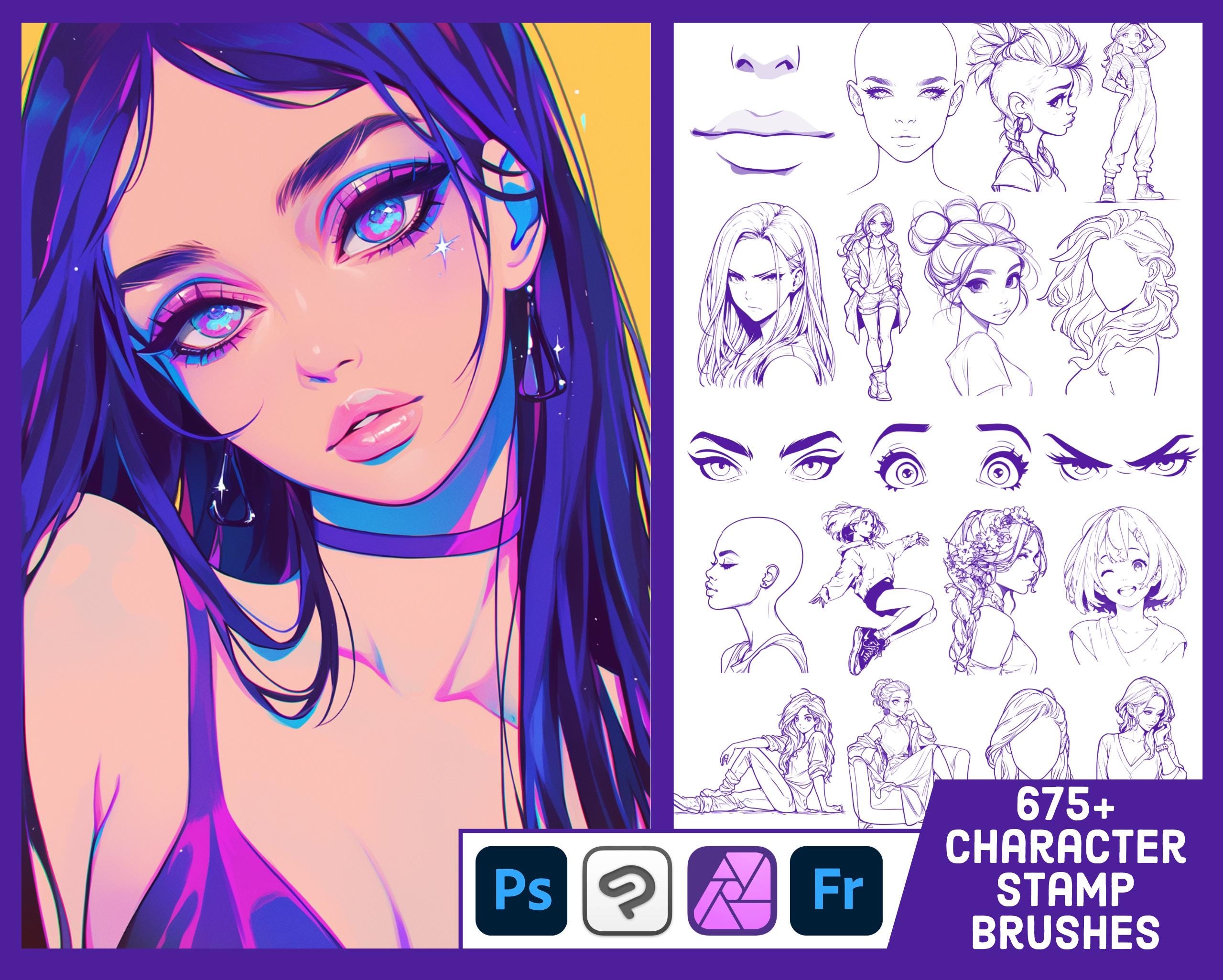 675+ Female Anime & Portrait Stamps Photoshop, Clip Studio Paint, ABR Brushes - Poses, Expressions, Eyes, Hair and Fashion Figure