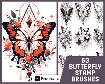 63 Butterfly Stamp Brushes For Procreate - Tattoo Illustration Brush Pack