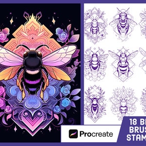 Könnte beinhalten: Eine digitale Illustration einer Biene mit lila, gelben und orangefarbenen Flügeln, umgeben von Blumen und einem geometrischen Muster. Die Biene befindet sich in der Mitte des Bildes, und die Blumen sind um sie herum angeordnet. Der Hintergrund ist dunkelviolett. Das Bild ist mit "18 BEE BRUSH STAMPS" und "Procreate" in der unteren rechten Ecke beschriftet.