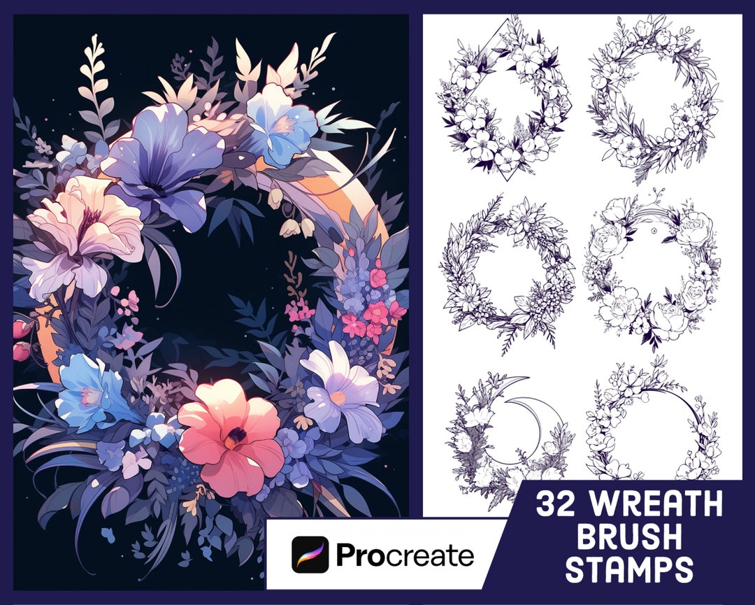 32 Floral Wreath Stamp Brushes for Procreate - Flower Stamp Set ...