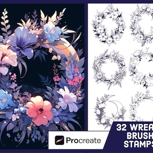 32 Floral Wreath Stamp Brushes For Procreate - Flower Stamp Set - Illustration Drawing Pack