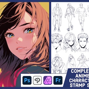 Puede incluir: Ilustración digital de un retrato de estilo anime de una joven con cabello largo y oscuro y ojos azules. La imagen incluye un conjunto de diseños de sellos de personajes, con el texto "COMPLETE ANIME CHARACTER STAMP SET".