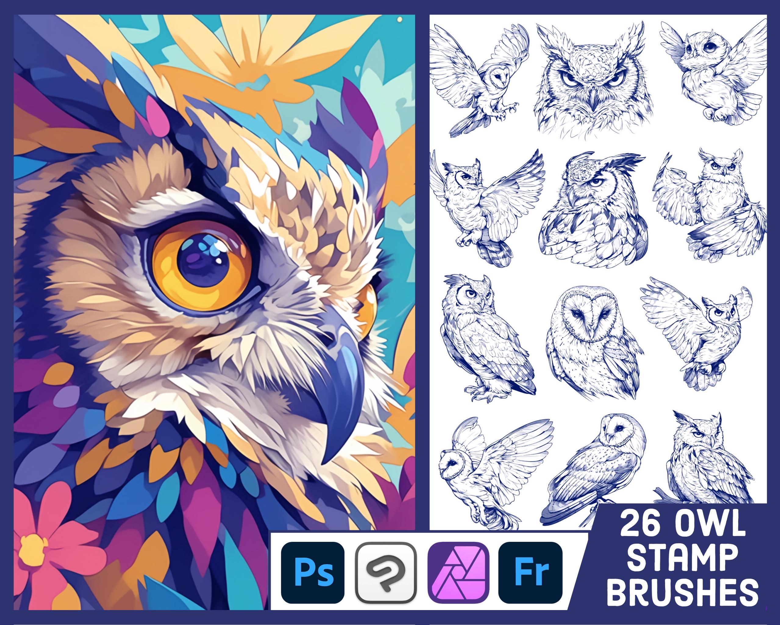 26 Owl Stamp Brushes Photoshop, Clip Studio Paint, Affinity Photo, ABR Brushes, Owls Brush Set