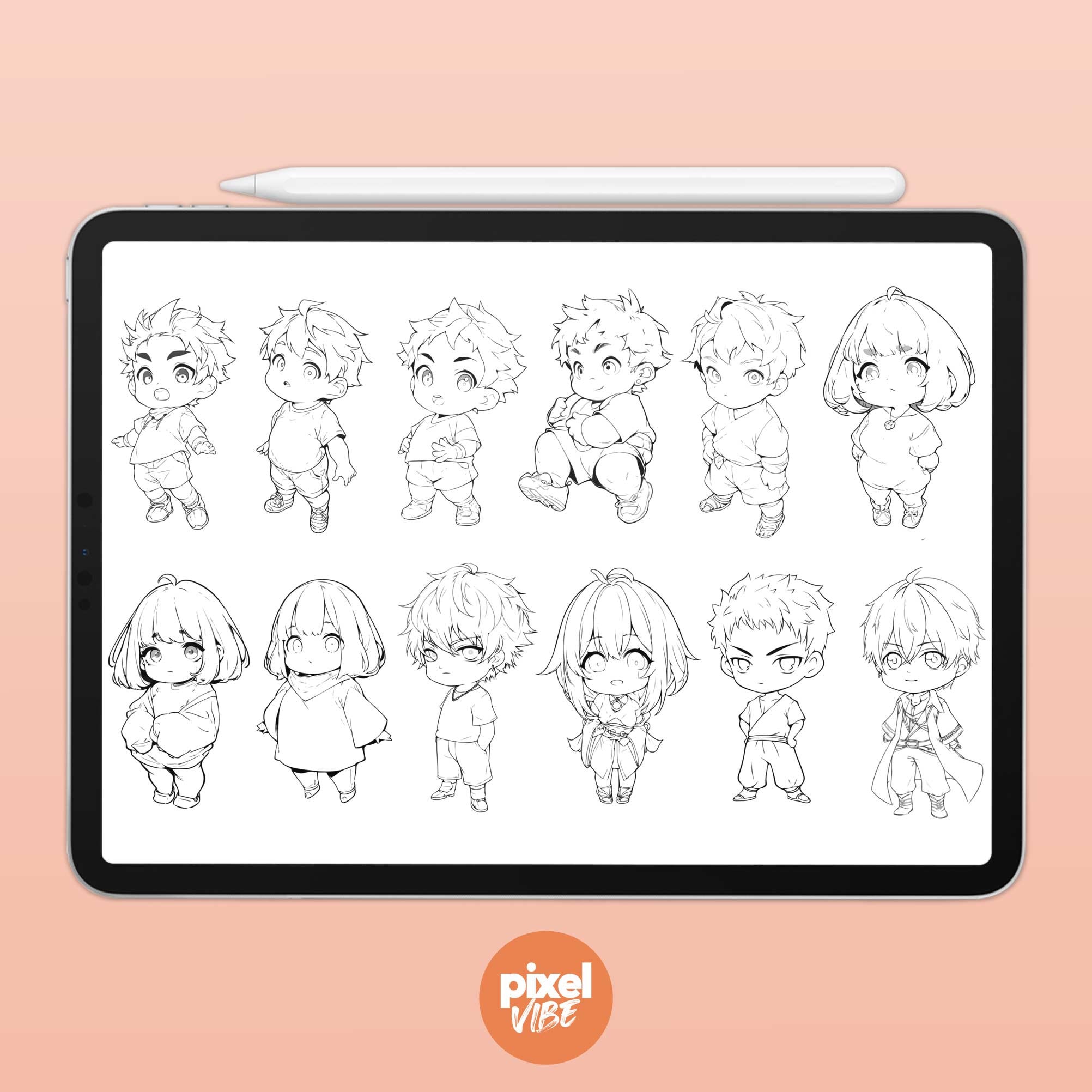 96 Chibi Character Guide Stamp Brushes for Procreate Anime Illustration ...