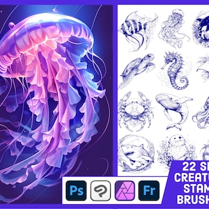 22 Sea Creature Stamp Brushes For Photoshop, Clip Studio Paint, Affinity Photo, ABR Brushes- Ocean Illustration Brush Pack