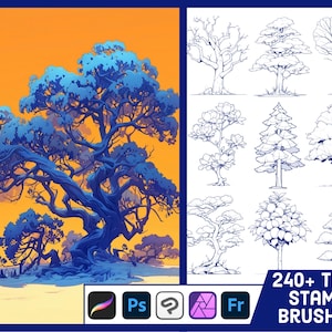 Puede incluir: Ilustración digital de un gran árbol azul con un tronco retorcido y ramas frondosas sobre un fondo naranja. La imagen incluye una colección de sellos de pinceles de árboles e iconos de software, con el texto "240+ TREE STAMP BRUSHES."
