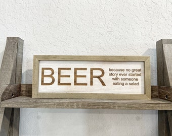 Home Decor Sign | Funny Sign Beer No Funny Story Begins With Salad Etched Wood Sign | Beer Sign