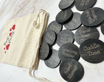 Couples Bang Bag | Black Stain Wooden Sex Tokens | Naughty Acts For Date Night Fun | Fathers Day | Newly Wed Gift