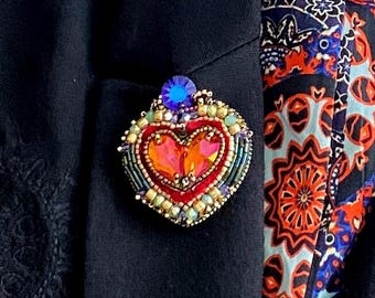 Beaded Heart Brooch: Orange Crystal Pin, Bead Embroidery Jewelry, Valentine Gift