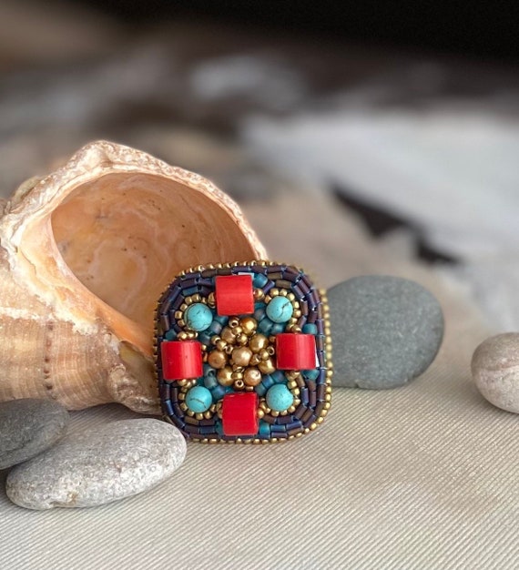 Small beaded brooch, bead embroidery brooch, natural gemstone pin, delicate  brooch with red coral and turquoise, gift for handmade lover